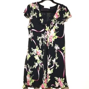Oscar de la Renta Vintage 90's Pink Label Black Ribbon Floral Dress Medium